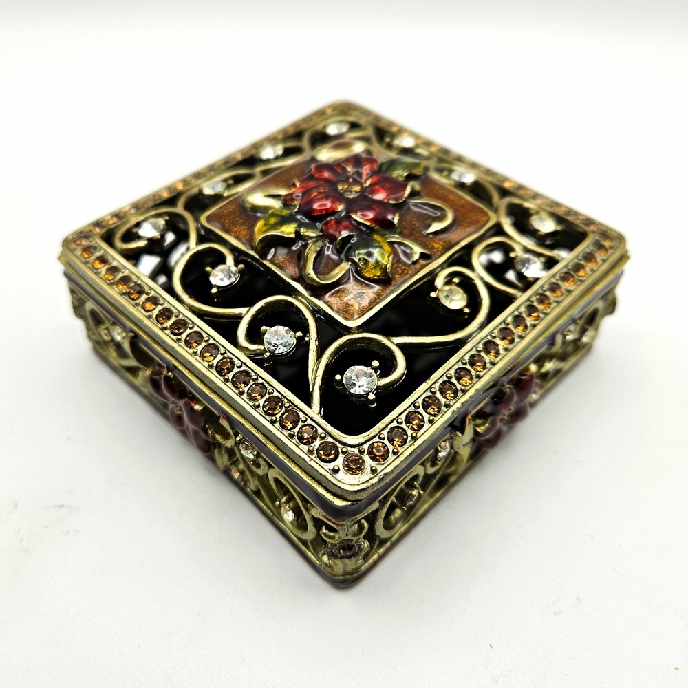 Ornate Square Enamel Floral Filigree Trinket Box with Rhinestone Accents 3"x3"